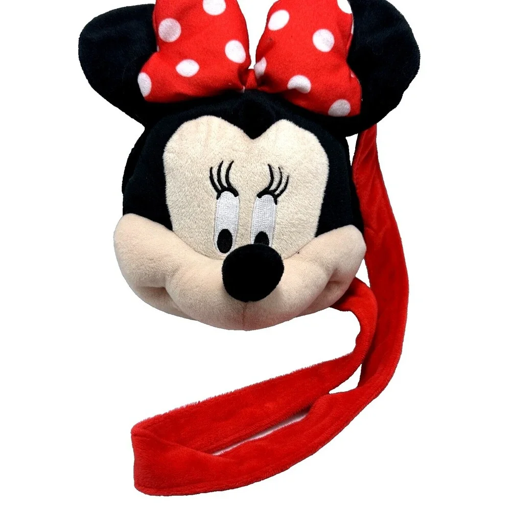 Disney Minnie Mouse Plush Backpack Bag Red‎ Polka Dot Bow Ears Zipper Pouch